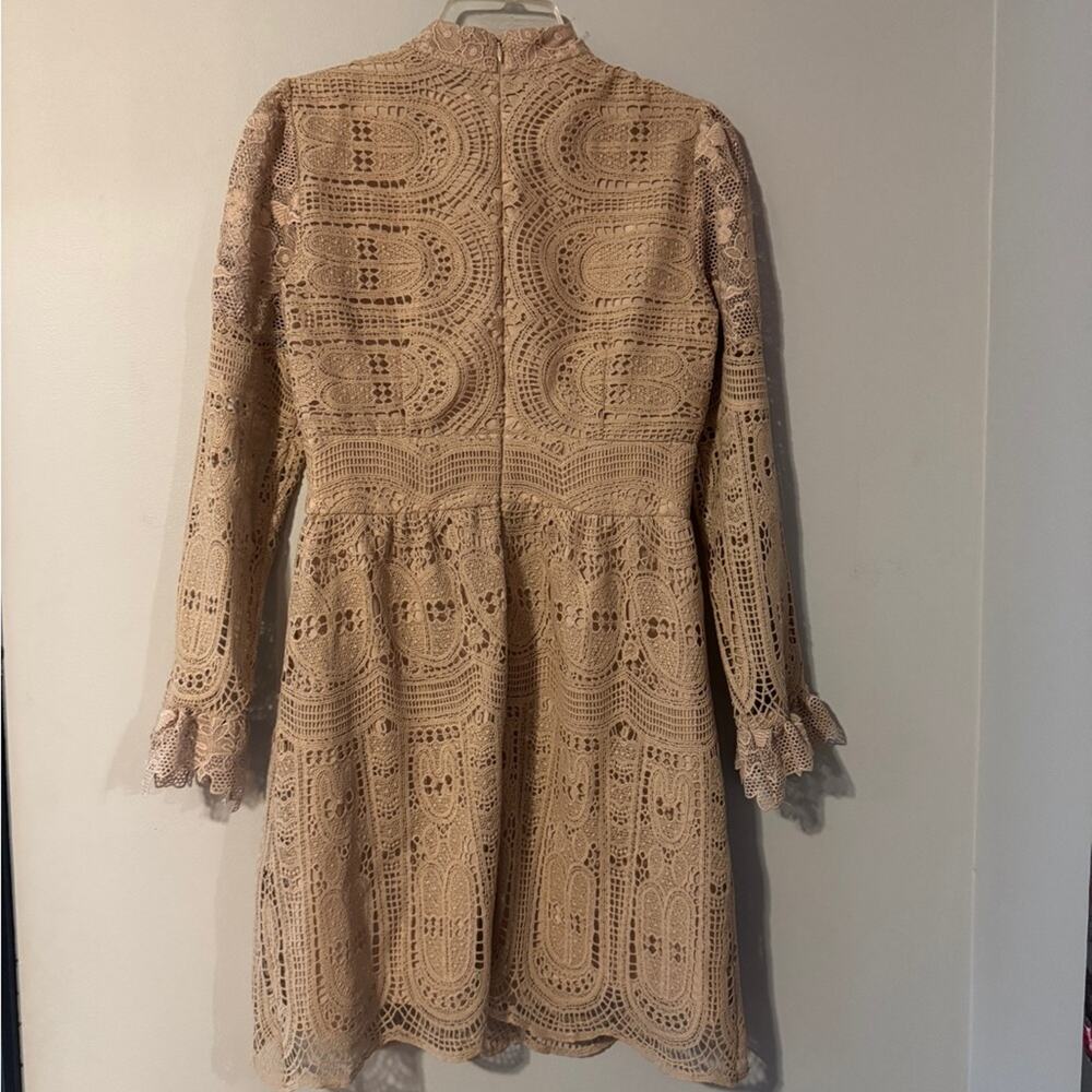 Anna Sui Rare Beige Lace Mock Neck lace overlay long sleeve mini dress size 4 - Picture 8 of 8